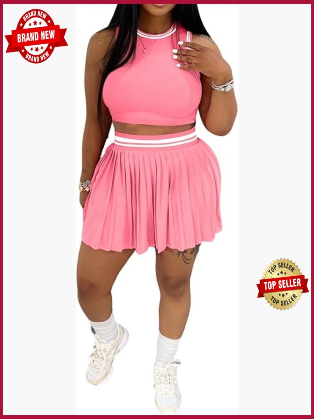 Two Piece Tennis Skirt Set Crop Top Pleated Skirt Athletic Outfits
